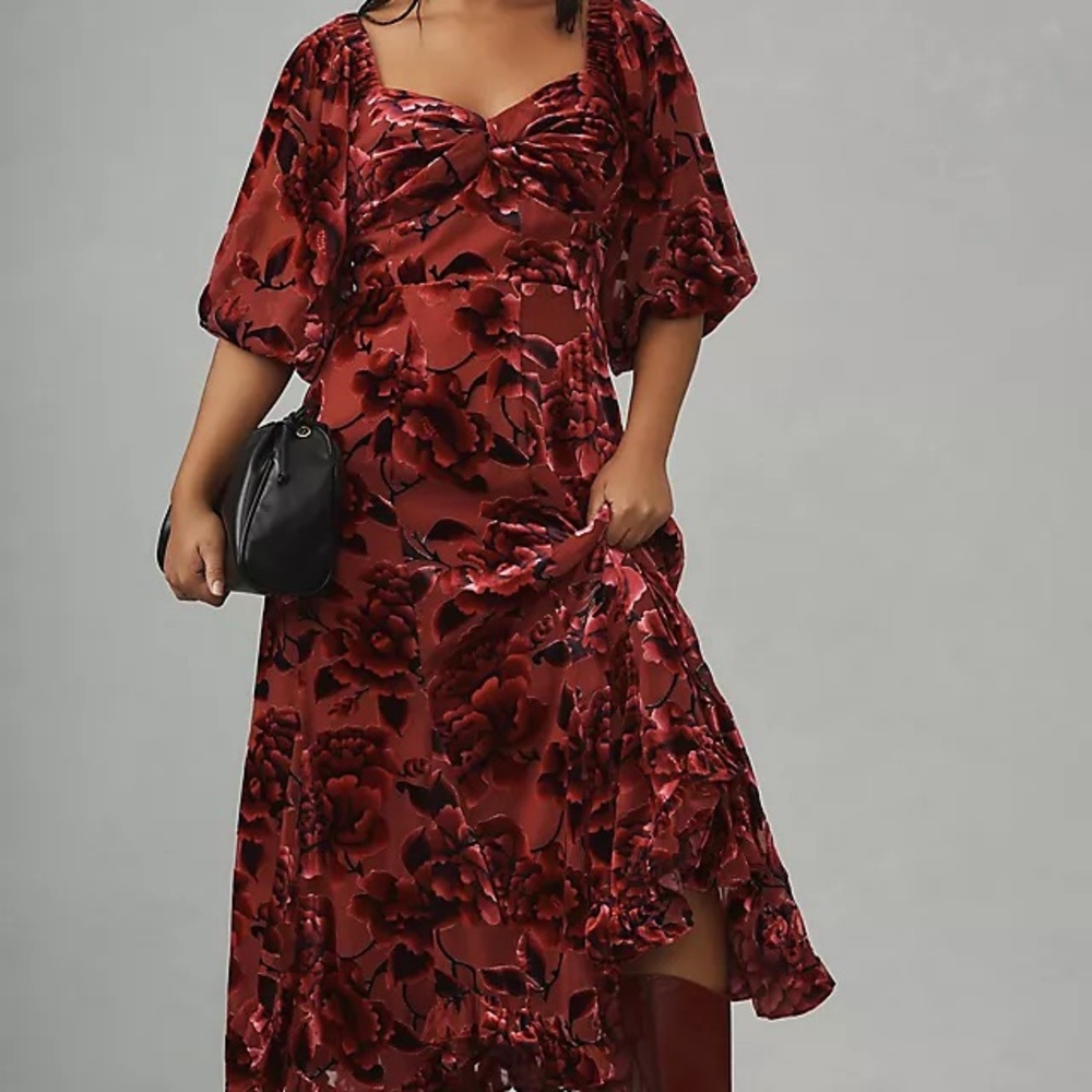 Hutch Printed twist-front puff-sleeve velvet dress